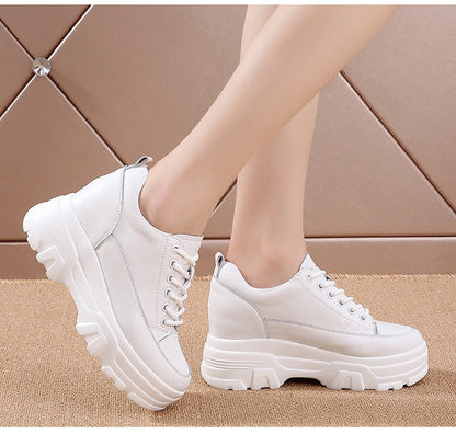 antmvs  8Cm Leather Microfiber Women Casual Shoes Platform Wedge Hidden Heel Summer Shoes Platform Chunky Sneakeers Fashion White