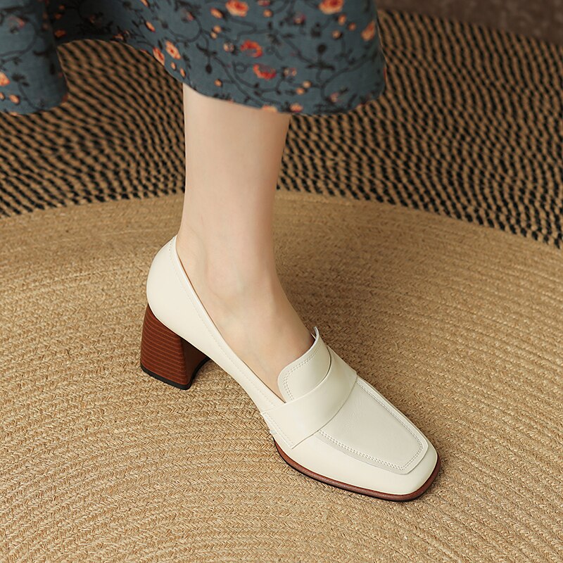 Antmvs  Spring New GENUINE LEATHER Women Shoes LEISURE Women Slip-On Shallow Pumps Square Toe Heels Shoes Women Zapatos De Mujer