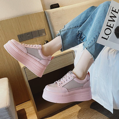 antmvs  8Cm Genuine Leather Women Casual Shoes Chunky Sneakers Platform Wedge Hidden Heel Women Leisure Shoes Spring Autumn White