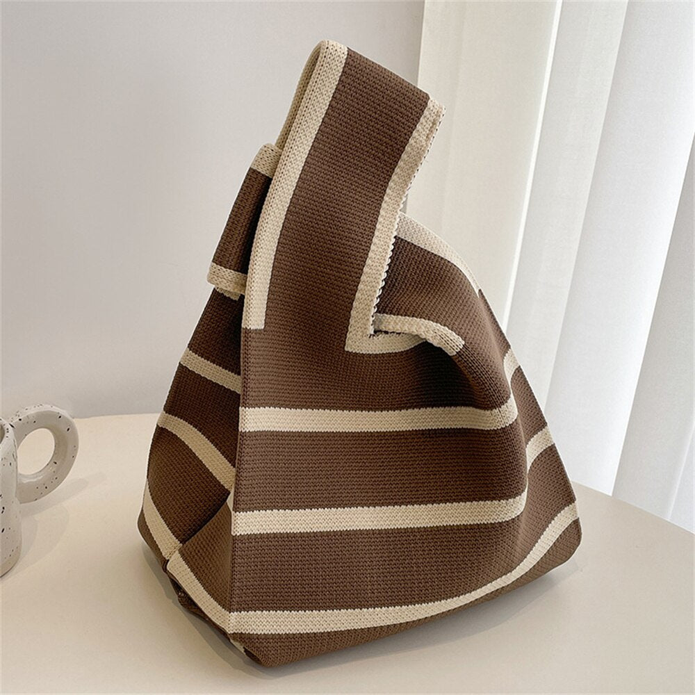 Antmvs Antmvs Striped Knit Woven Tote Handbag Japanese Bag Mini Color Women Knit Student Shopping Handmade Tote Bag Wrist Bag Shopping Bag