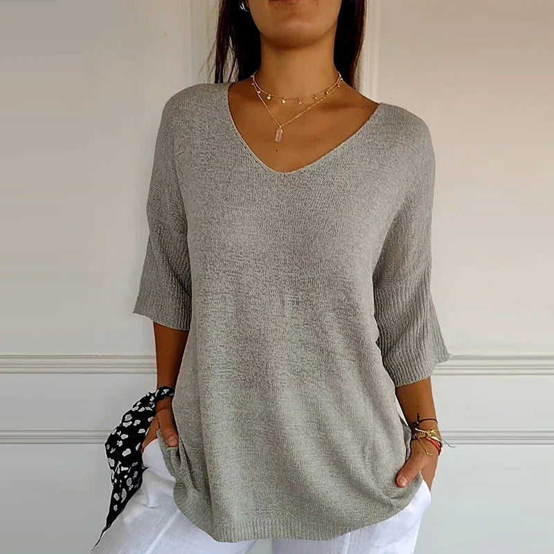 Antmvs -  Women Casual Bat Sleeve Loose Temperament Blouse Blusa Elegant 3/4 Sleeve All Match Shirt 2024 New Style Office Knitted Tops