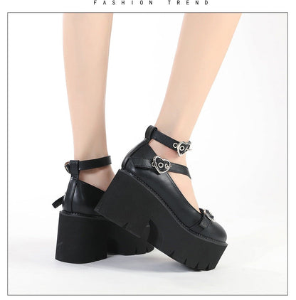 Antmvs  Platform Lolita Shoes On Chunky Heels Spring Cross Bandage Women Mary Jane Shoes Kawaii Cospaly Heart Buckle Big Size