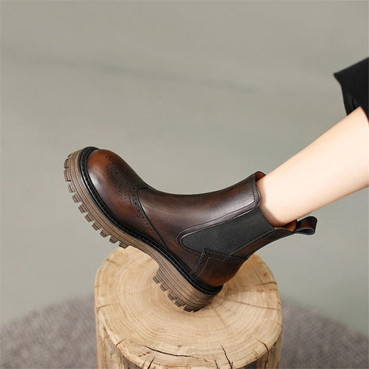 Antmvs New Autumn Winter Round Toe Boots Women Chunky Heel Split Leather Shoes For Women Short Boots Bullock Ankle Boots Platform Heels