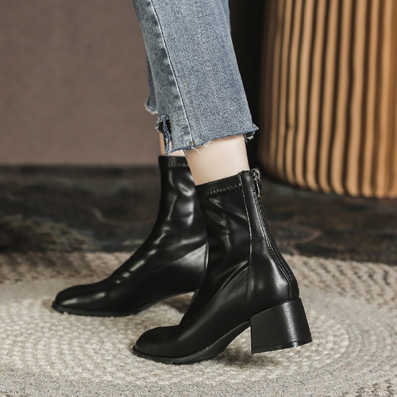 Antmvs Vintage Women's Boots Autumn Thick Heel Round Toe Elastic Thin Lady Ankle Shoes Fashion Zipper Solid Sewing Short Females Boots