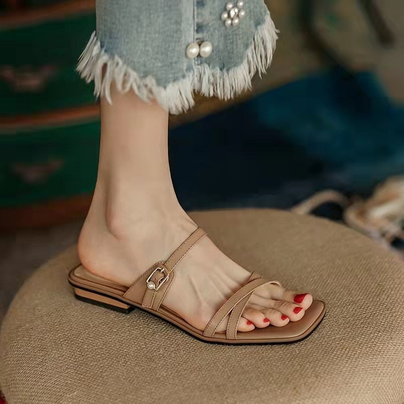 Antmvs Retro Women's Sandals Fashion Solid Cross Strap Female Flats 2cm Summer Square Head Outdoor Wear Belt Buckle Ladies Shoes