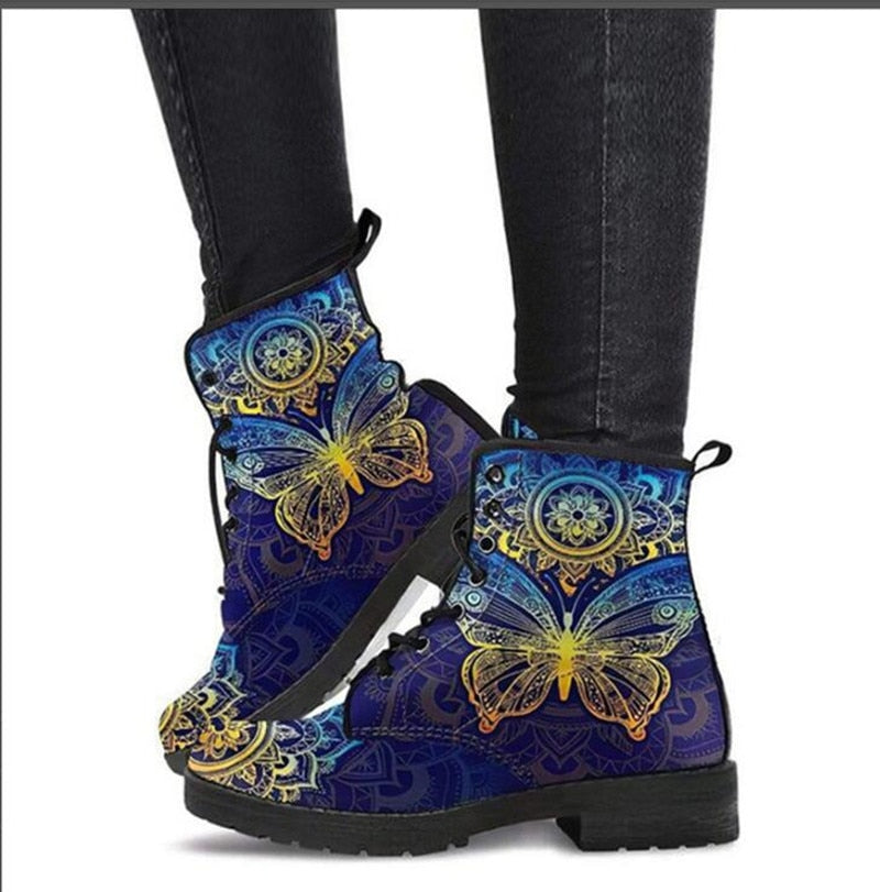 antmvs Skull Flower Print High-Top Boots Women Boot Autumn Winter Fashion Women Tooling Ankle Boots Women Boots Women Botas Mujer