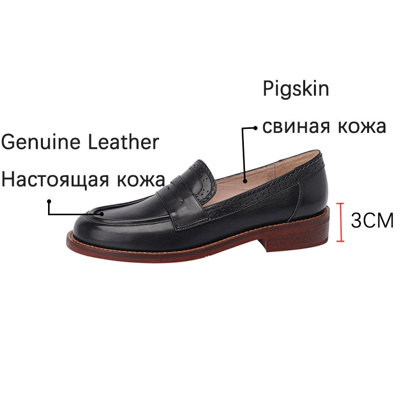 Antmvs New  Genuine Leather Women Shoes Retro Round Toe Carved Brogues Thick Heel Slip-On Loafers Shoes For Women Zapatos De Mujer