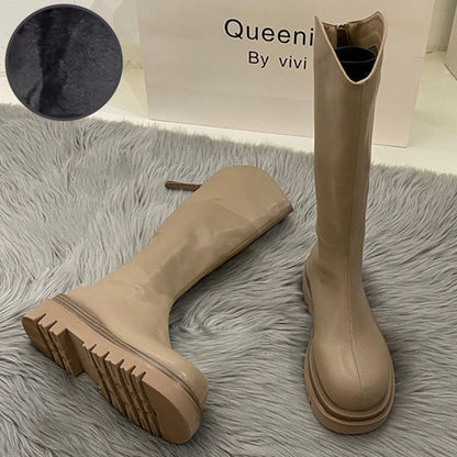 Antmvs Women Boots Fashion Casual Non Slip Zipper Knee Boots Woman Comfortable Round Boots Ladies Platform PU Winter Boot Female