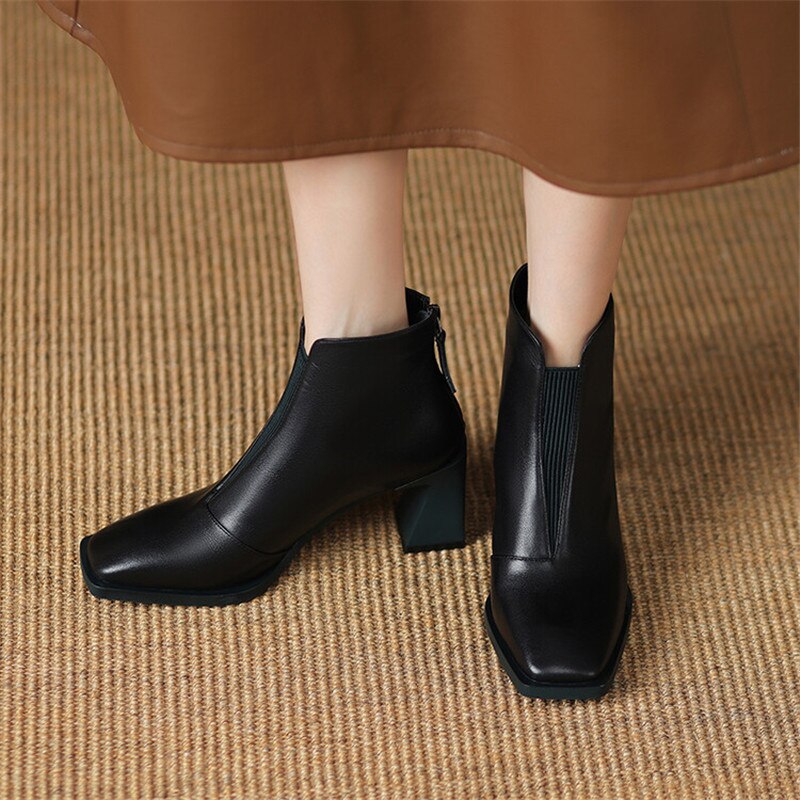 Antmvs  Autumn Winter Square Toe Boots Women Chunky Heel Genuine Leather Shoes For Women Short Boots Solid Color Zipper Ankle Boots