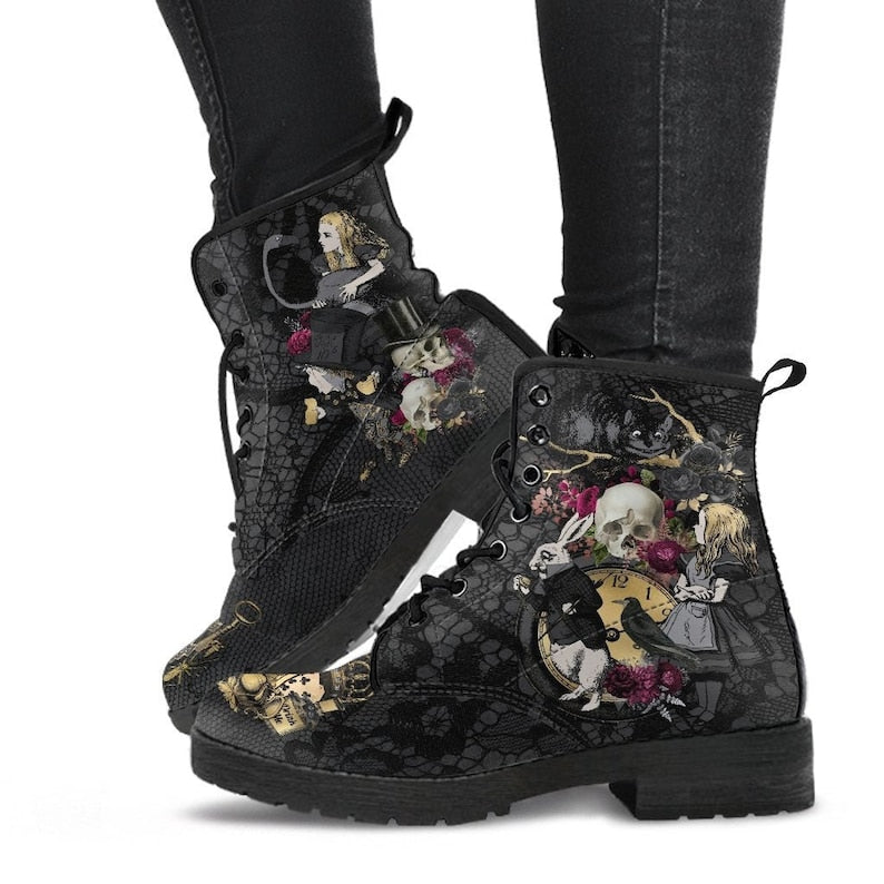 antmvs Skull Flower Print High-Top Boots Women Boot Autumn Winter Fashion Women Tooling Ankle Boots Women Boots Women Botas Mujer