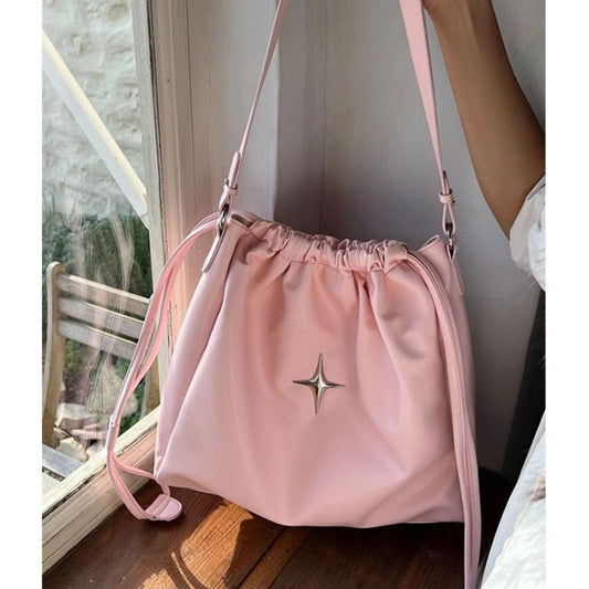 Antmvs Antmvs  Large Capacity Women's Drawstring Shoulder Bag Soft Pu Leather Ladies Star Casual Tote Bags Solid Color Female Girls Handbags