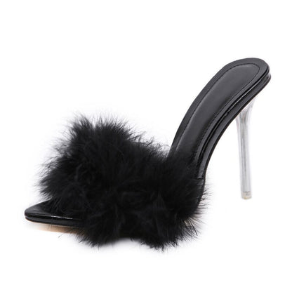 antmvs    Transparent High Heels Sandals   Feather Woman Slippers Fur Stiletto Pointed Mules Evening Party Women Shoes Rose 41