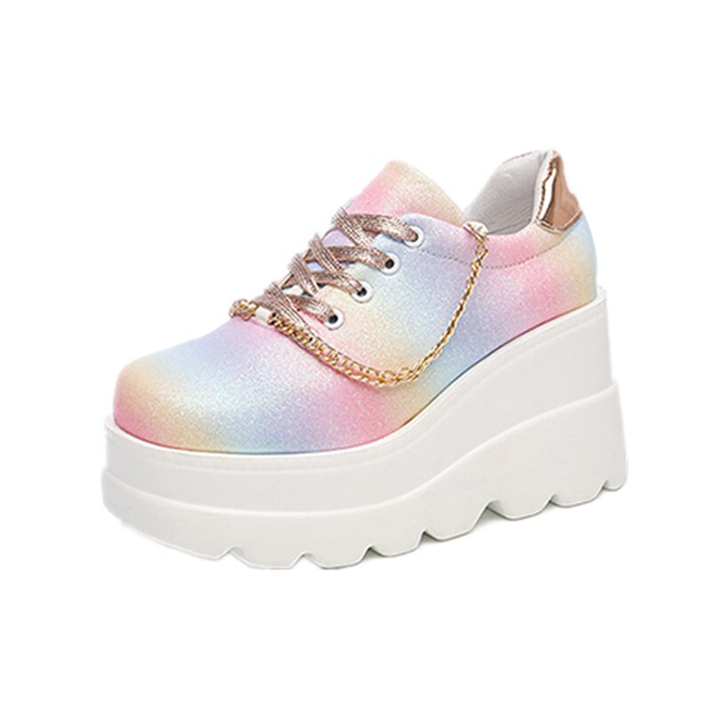 antmvs  Summer Fashion Colorful Leather Shoes Women's Golden Thin Flash Lace Wedge Heel Thick Bottom Heightening Casual Sports Shoes