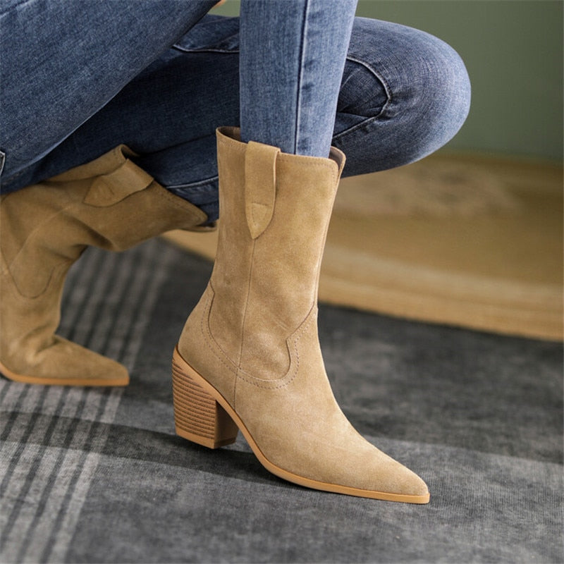 Antmvs  New Autumn/Winter Women's Boots Pointed Toe Chunky Heel Short Boots Cow Suede Western Boots Shoes For Women High Heels