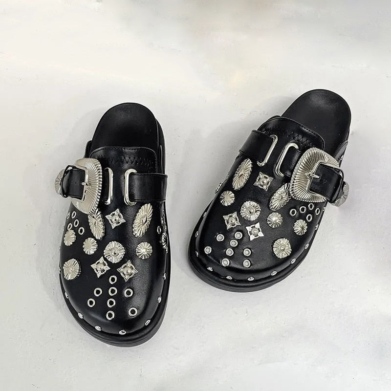 Antmvs Summer Women Slippers Platform Rivets Punk Rock Leather Mules Creative Metal Fittings Casual Party Shoes Female Outdoor