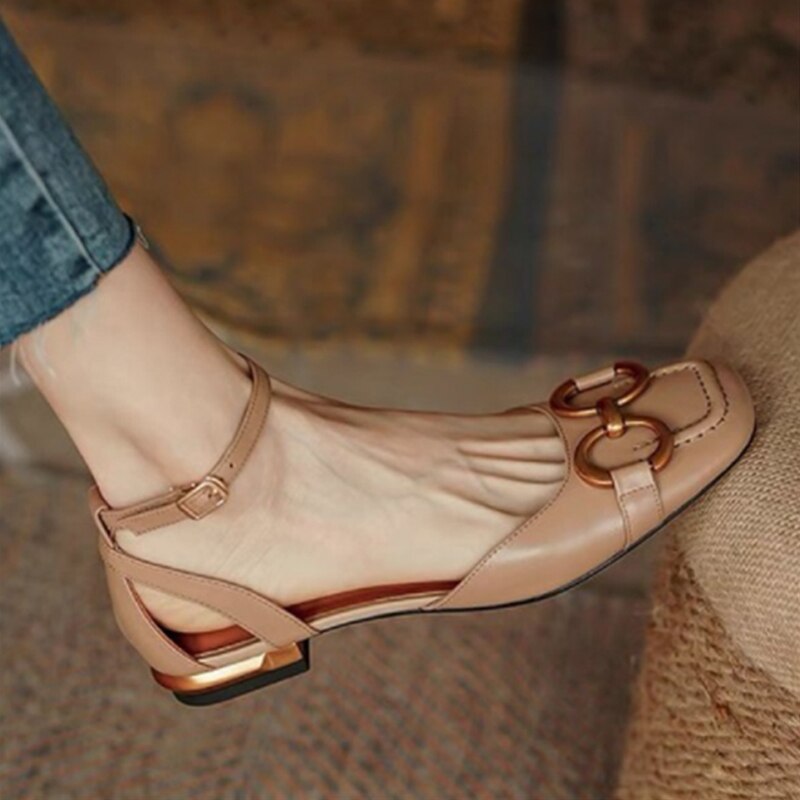 Antmvs New French Retro Ladies Flats Korean Style One Line Buckle Female Sandals Fashionable Plaid Thick Heel Women's Shoes