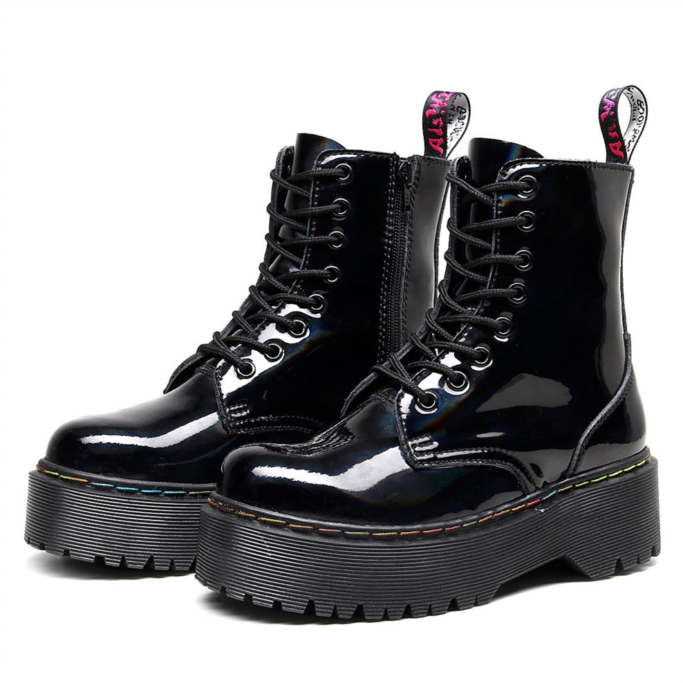 Antmvs  Winter Women Boots Leather Reflective Female Lace Up Platforms Boot Increase Height Punk Boots Black Casual High-Top Shoes