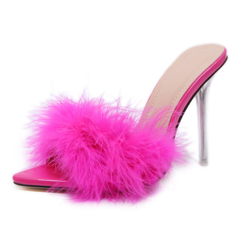 antmvs    Transparent High Heels Sandals   Feather Woman Slippers Fur Stiletto Pointed Mules Evening Party Women Shoes Rose 41