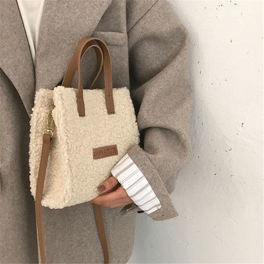 Antmvs Antmvs Women Winter Shoulder Bag Lamb Wool Warm Soft Autumn Ins Square Cross-body Portable Casual Beige Khaki Girls Preppy Style