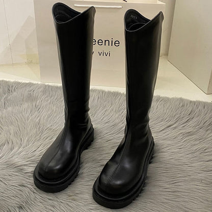 Antmvs Women Boots Fashion Casual Non Slip Zipper Knee Boots Woman Comfortable Round Boots Ladies Platform PU Winter Boot Female