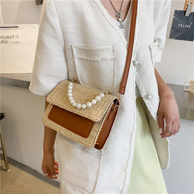 Antmvs Antmvs  Straw Beaded Shoulder Messenger Bag Ladies Handbag Wallet Leather Simple Trend Purses and Handbags  Little Bag for Women