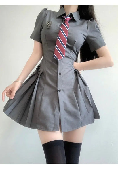 Antmvs  -  Women Dress Sweet Original JK Uniform Mini Dresses Gray Slim  Preppy Pleated Short Skirts Summer Female Trendy Clothes