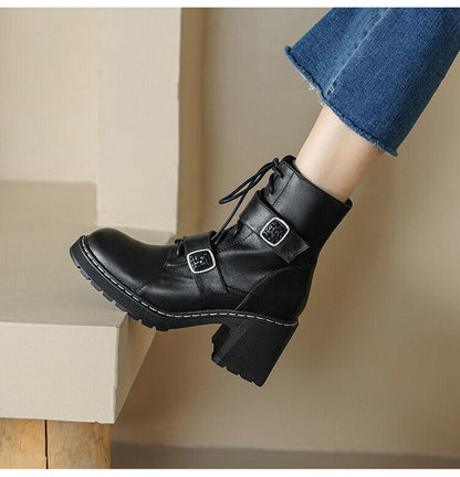 Antmvs  Autumn Winter Round Toe Women Boots Chunky Heel Shoes For Women Short Boots Belt Buckle Side Zipper High Heels Knight Boots