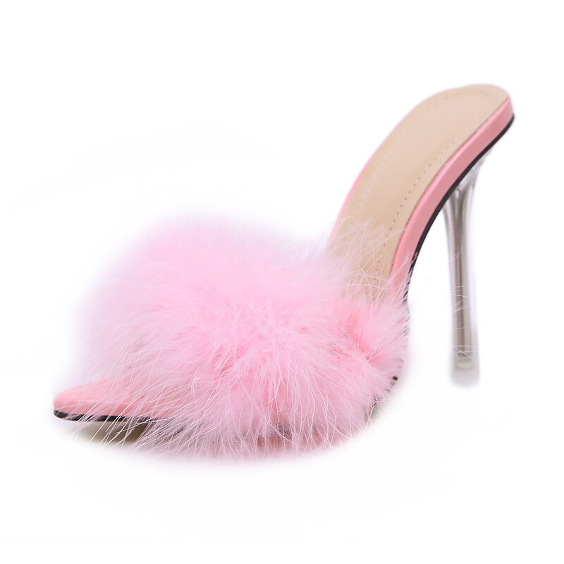 antmvs    Transparent High Heels Sandals   Feather Woman Slippers Fur Stiletto Pointed Mules Evening Party Women Shoes Rose 41