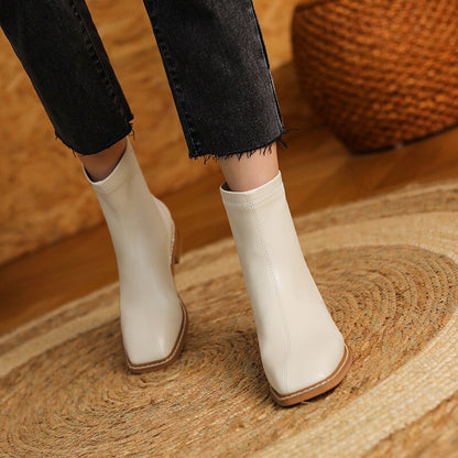 Antmvs Women's Boots Autumn Short Thin Middle-Heeled Ankle Boots Solid Color Square Toe Fashion Casual Simple Ladies Shoes