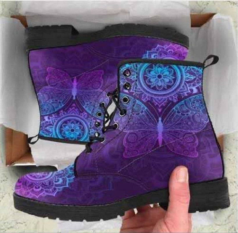 antmvs Skull Flower Print High-Top Boots Women Boot Autumn Winter Fashion Women Tooling Ankle Boots Women Boots Women Botas Mujer