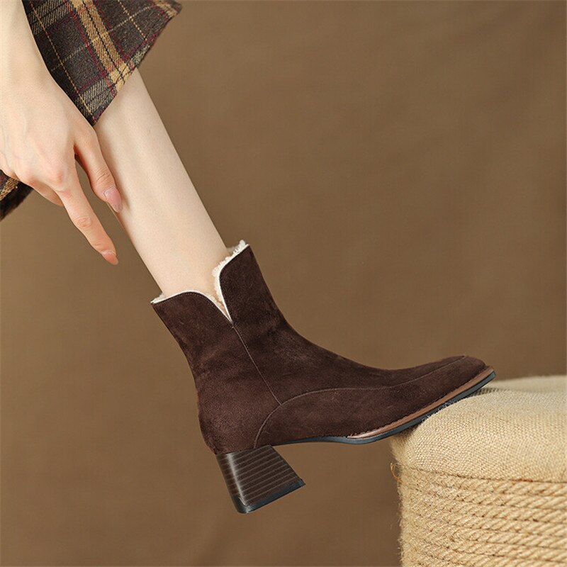 Antmvs  New Winter Boots For Women Cow Suede Short Boots Round Toe Thick Heel Women's Warm Shoes High-Heeled Shoes Large Size