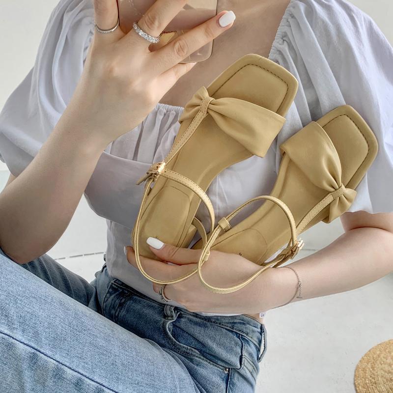 Antmvs Women Sandals Summer Square Toe Thick Med Heel Back Strap Bukle Lady Shoes Fashion Solid Leisure Concise Females Shoes