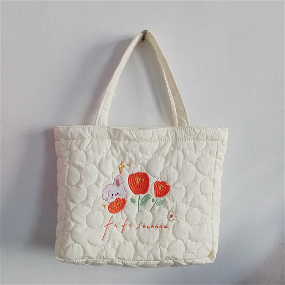 Antmvs Antmvs Flower Design Tulip Embroidery Handheld Tote Bag Students In Class Canvas Bag Simple Shopping Bag Handbag