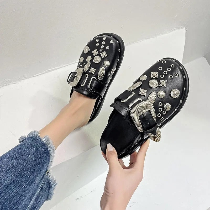 Antmvs Summer Women Slippers Platform Rivets Punk Rock Leather Mules Creative Metal Fittings Casual Party Shoes Female Outdoor