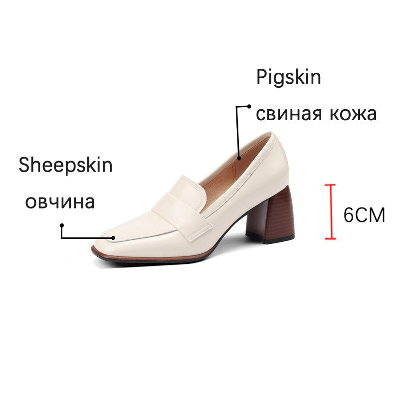 Antmvs  Spring New GENUINE LEATHER Women Shoes LEISURE Women Slip-On Shallow Pumps Square Toe Heels Shoes Women Zapatos De Mujer