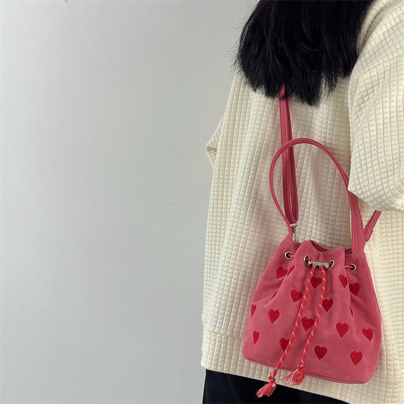 Antmvs Graduation Gift Pink Heart Embroidered Ladies Bucket Purse Handbags Fashion Love Women Messenger Bag Drawstring Female Girls Small Shoulder Bags