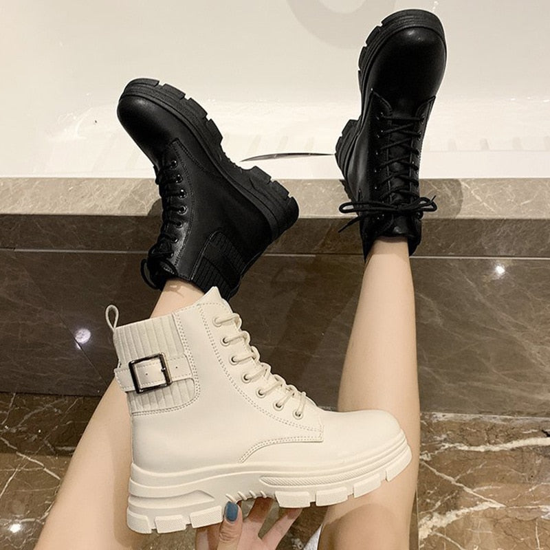 Antmvs New Women White Ankle Boot PU Leather Thick Sole Lace Up Combat Booties Female Autumn Winter Platform Shoes Rubber Cowboy Boots