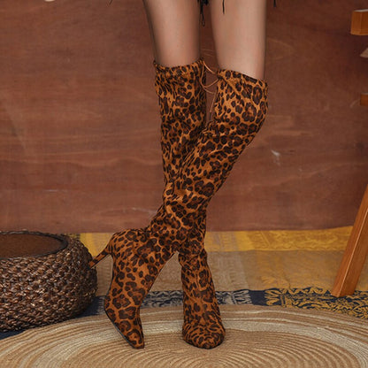 antmvs  Ladies Fashion Leopard Print Over Knee Boots Autumn Winter High Boots Pointed Toe Stretch Fabric Ladies High Heels Bottes Femme