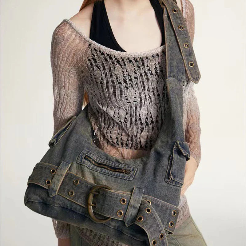 Antmvs Antmvs - Trendy Women Vintage Denim Punk Shoulder Bag Design Y2k Streetwear Grunge Handbag Cool Girls Retro Gothic Casual Underarm Bags