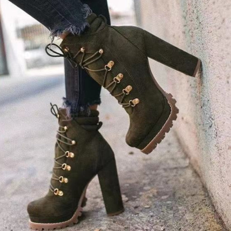 Thanksgiving  Antmvs  New Women's  Boots Fashion Lace-Up Rivets Chunky High Heels Solid Casual Platform Comfort Ankle Boots Bota De Inverno