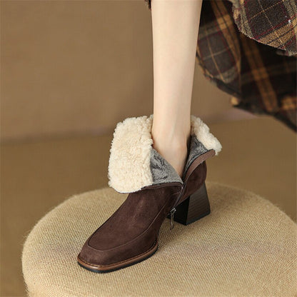 Antmvs  New Winter Boots For Women Cow Suede Short Boots Round Toe Thick Heel Women's Warm Shoes High-Heeled Shoes Large Size