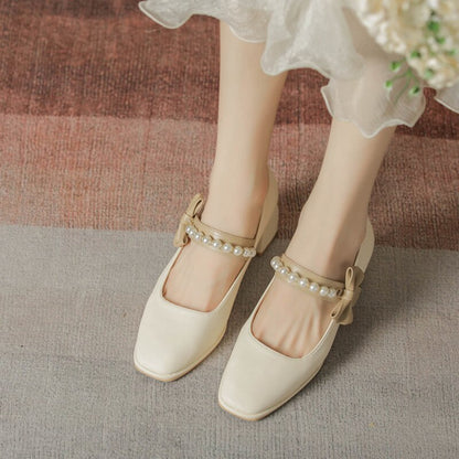 Antmvs Pearl Bow Ladies Shoes Square Head Elegant Thick Heel Women's Shoes Beaded Shallow Mouth High Heels Sweat Dress Female Pumps