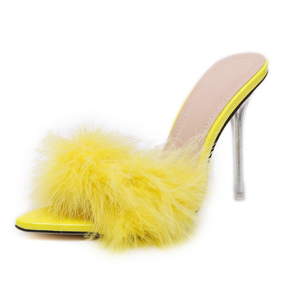 antmvs    Transparent High Heels Sandals   Feather Woman Slippers Fur Stiletto Pointed Mules Evening Party Women Shoes Rose 41