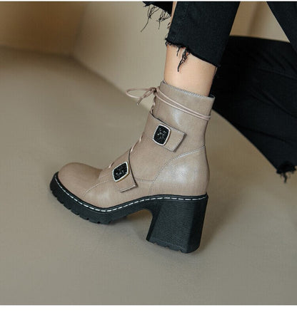 Antmvs  Autumn Winter Round Toe Women Boots Chunky Heel Shoes For Women Short Boots Belt Buckle Side Zipper High Heels Knight Boots