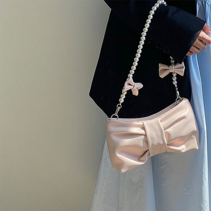 Antmvs Graduation Gift Girly Pearl Bow Cute Underarm Bag Fairy Women's Small Pink Shoulder Bag Soft PU Leather Female Pearlescent Clutch Purse Handbags