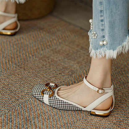 Antmvs New French Retro Ladies Flats Korean Style One Line Buckle Female Sandals Fashionable Plaid Thick Heel Women's Shoes