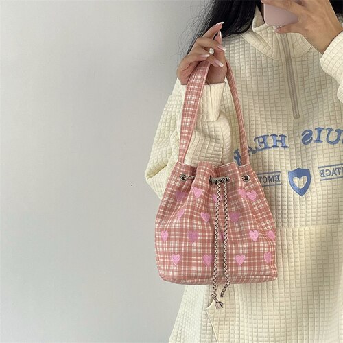 Antmvs Antmvs Pink Heart Embroidered Ladies Bucket Purse Handbags Fashion Love Women Messenger Bag Drawstring Female Girls Small Shoulder Bags