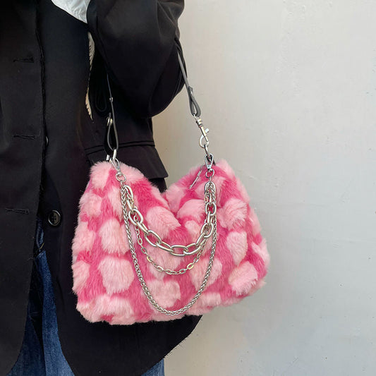 Antmvs Graduation Gift Y2k Hot Girls Pink Love Underarm Bags Soft Plush Heart Pattern Ladies Shoulder Bag Female Chain Furry Crossbody Bag Handbags