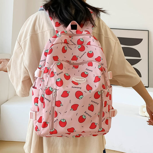 Antmvs Antmvs  Pink Strawberry Print Ladies Backpack Laptop Bag Suitable For Teen Girls School Use Large Capacity Waterproof Nylon Travel Bag