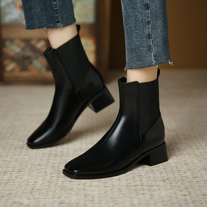 Antmvs Winter Women's Short Boots Straight Square Toe Thick Med Heel Office Lady Boot Fashion Solid Slip-On Females Barrel Shoes